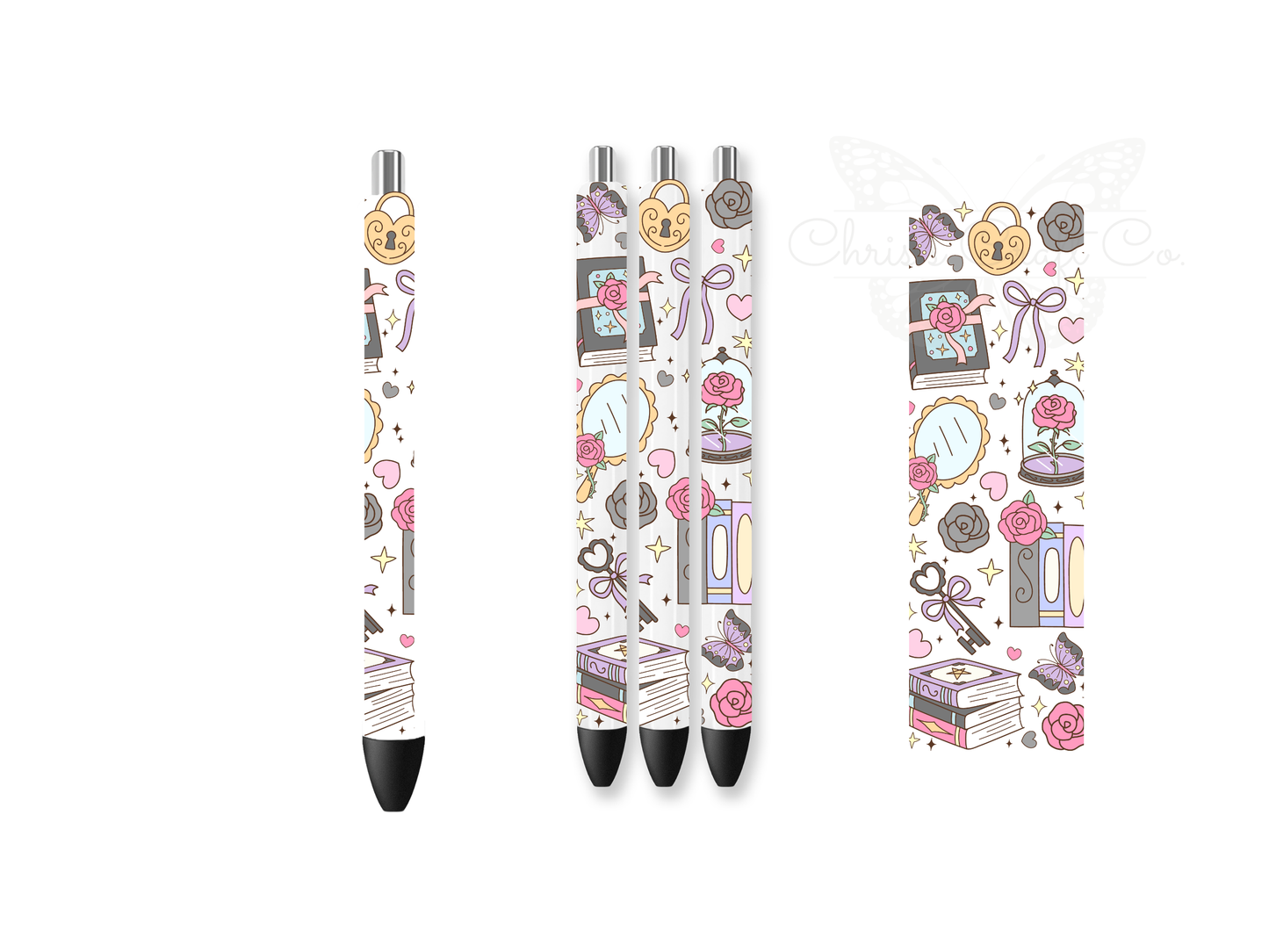Mockup of pens featuring a fantasy bookish UVDTF wrap with library and dragon themes, sized 1.5x4.7 inches.