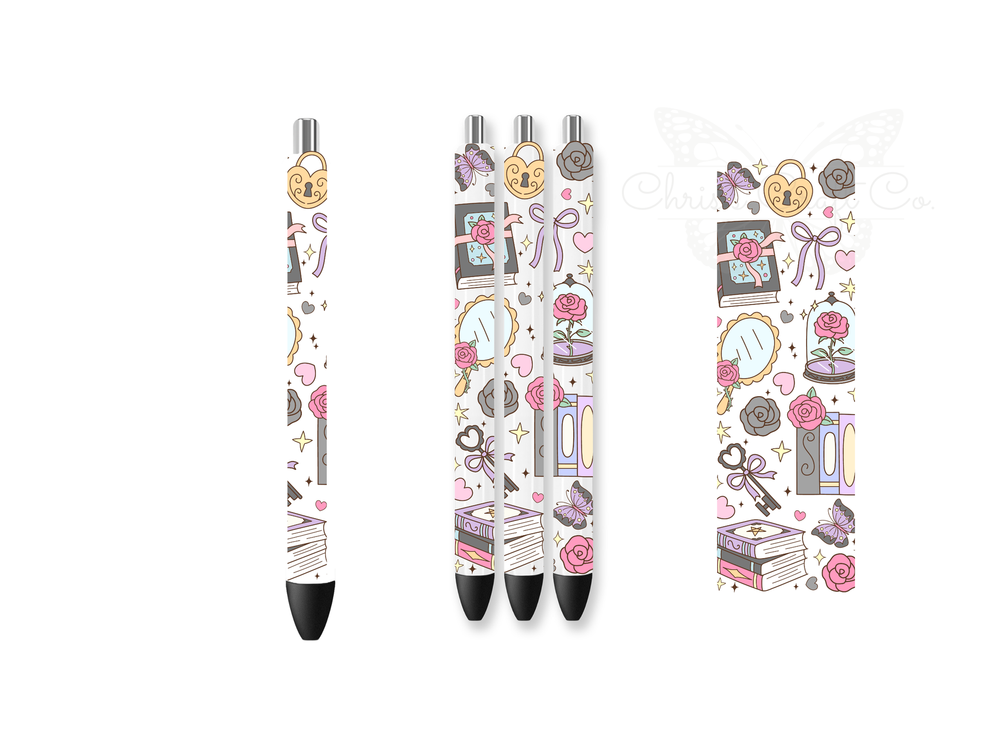Mockup of pens featuring a fantasy bookish UVDTF wrap with library and dragon themes, sized 1.5x4.7 inches.