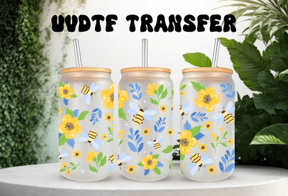 UVDTF Wrap Bees Flowers Floral Wrap for 16oz Can Glass Mug Tumbler, Ready to apply, Permanent Waterproof Adhesive