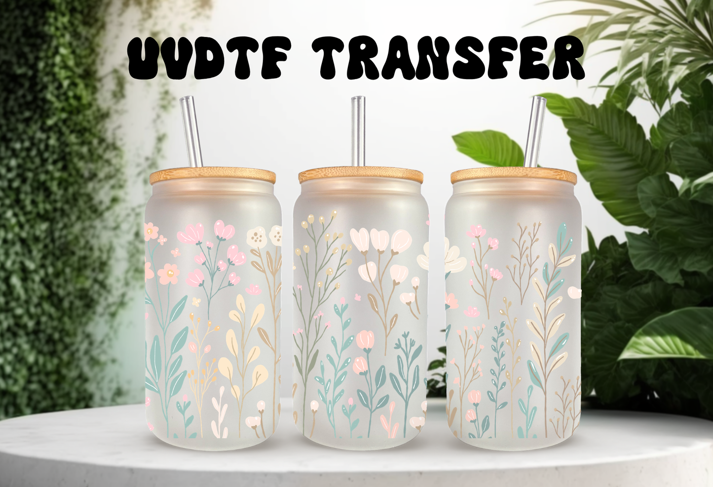 Mockup of 16oz can glass wrap featuring delicate pastel wildflowers, pink daisies, blue blossoms, and green leaves on a clear background.