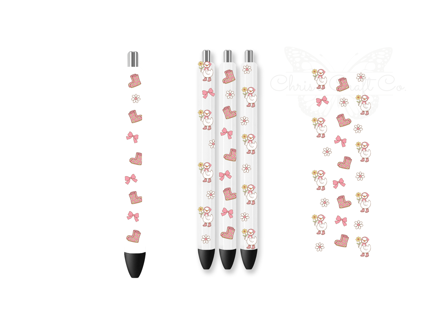 Mockup of pens with pink coquette bow and rain boot UVDTF wraps, 1.5x4.7 inches.