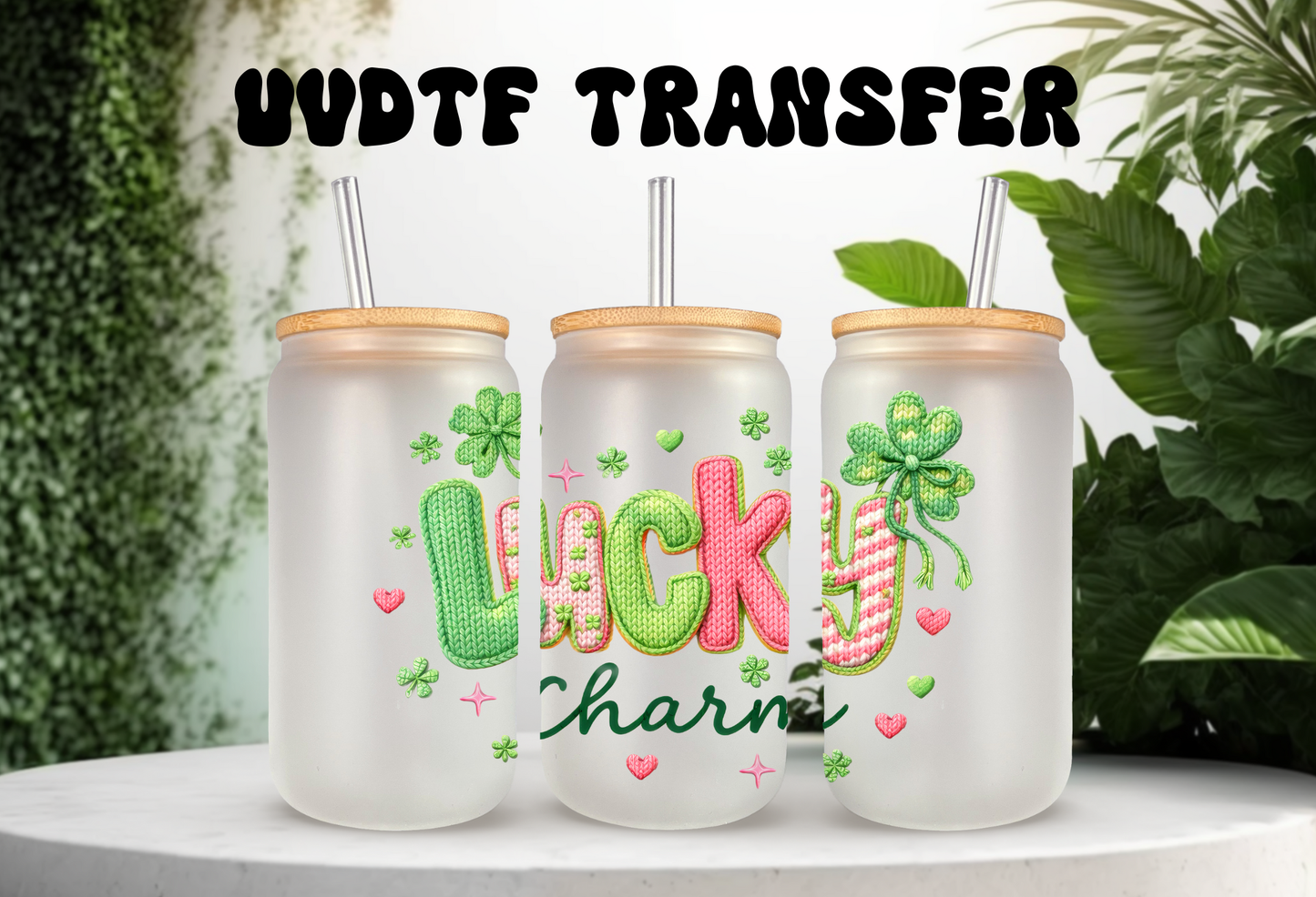 Lucky Charm UV DTF transfer featuring a pink coquette bow and green shamrocks on a 16oz glass can tumbler.