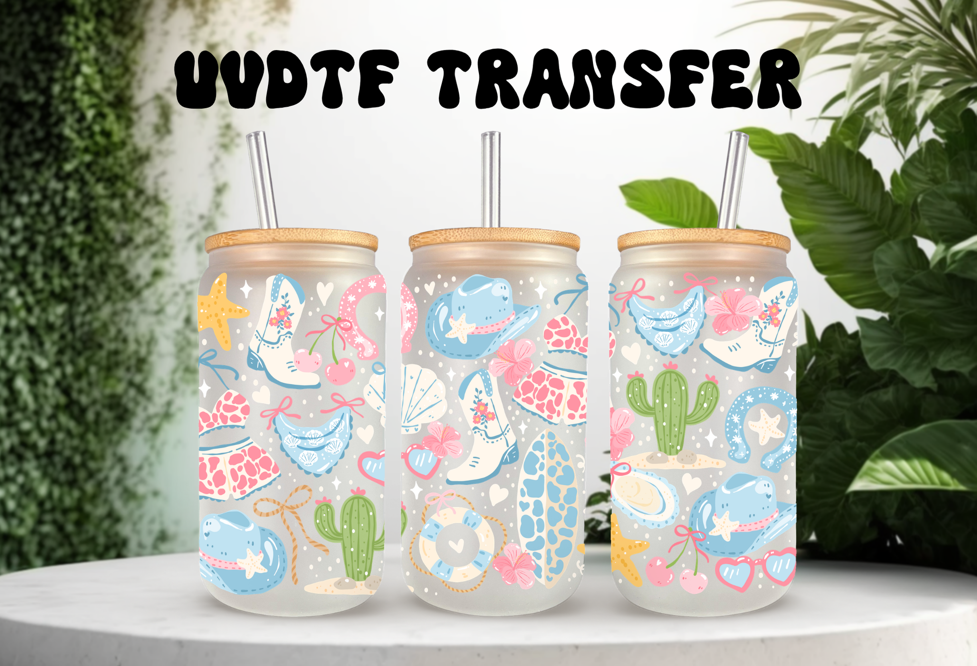 MOCKUP OF 16oz can glass wrap featuring white cowboy boots, a teal cowboy hat, cacti, starfishes, and seashells on a clear background.