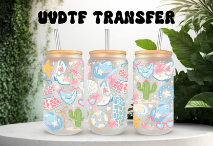 MOCKUP OF 16oz can glass wrap featuring white cowboy boots, a teal cowboy hat, cacti, starfishes, and seashells on a clear background.
