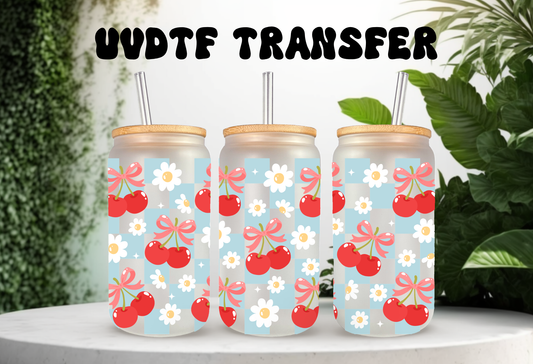 MOCKUP OF A 16oz can glass wrap featuring a trendy summer design with bright red cherries and red coquette bows over a light blue and white checkered background.