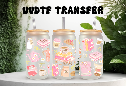 Mockup of a 16oz can glass wrap featuring a pastel aesthetic design with book stacks, a pink retro espresso machine, and mugs reading Coffee Girlie.