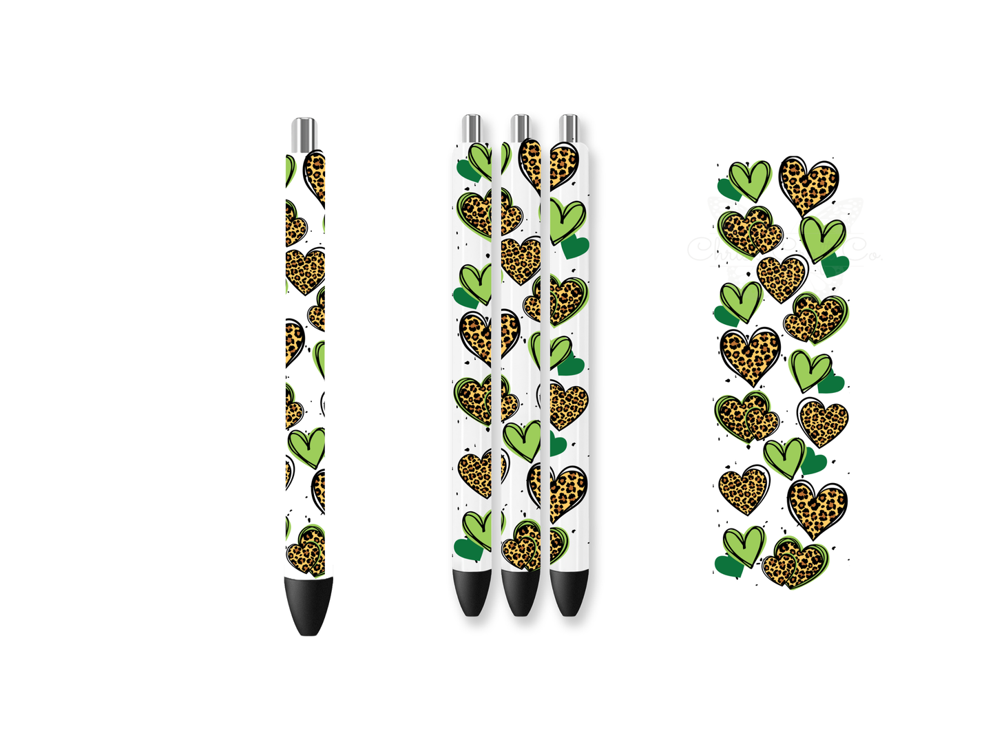 A set of three white pens and a standalone UV DTF transfer wrap featuring a vertical pattern of alternating leopard print hearts and solid green hearts with a 3D glossy finish.
