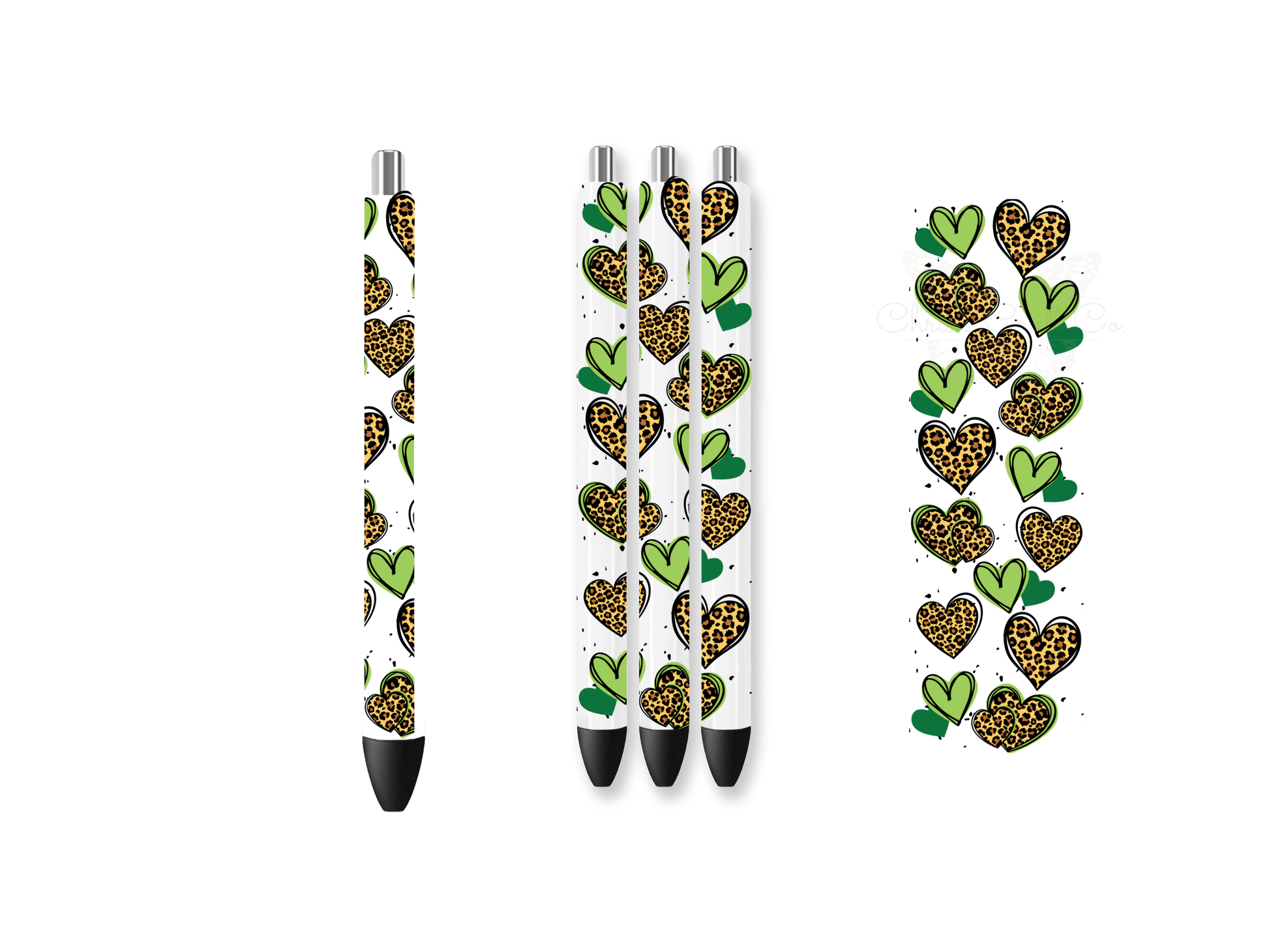 A set of three white pens and a standalone UV DTF transfer wrap featuring a vertical pattern of alternating leopard print hearts and solid green hearts with a 3D glossy finish.