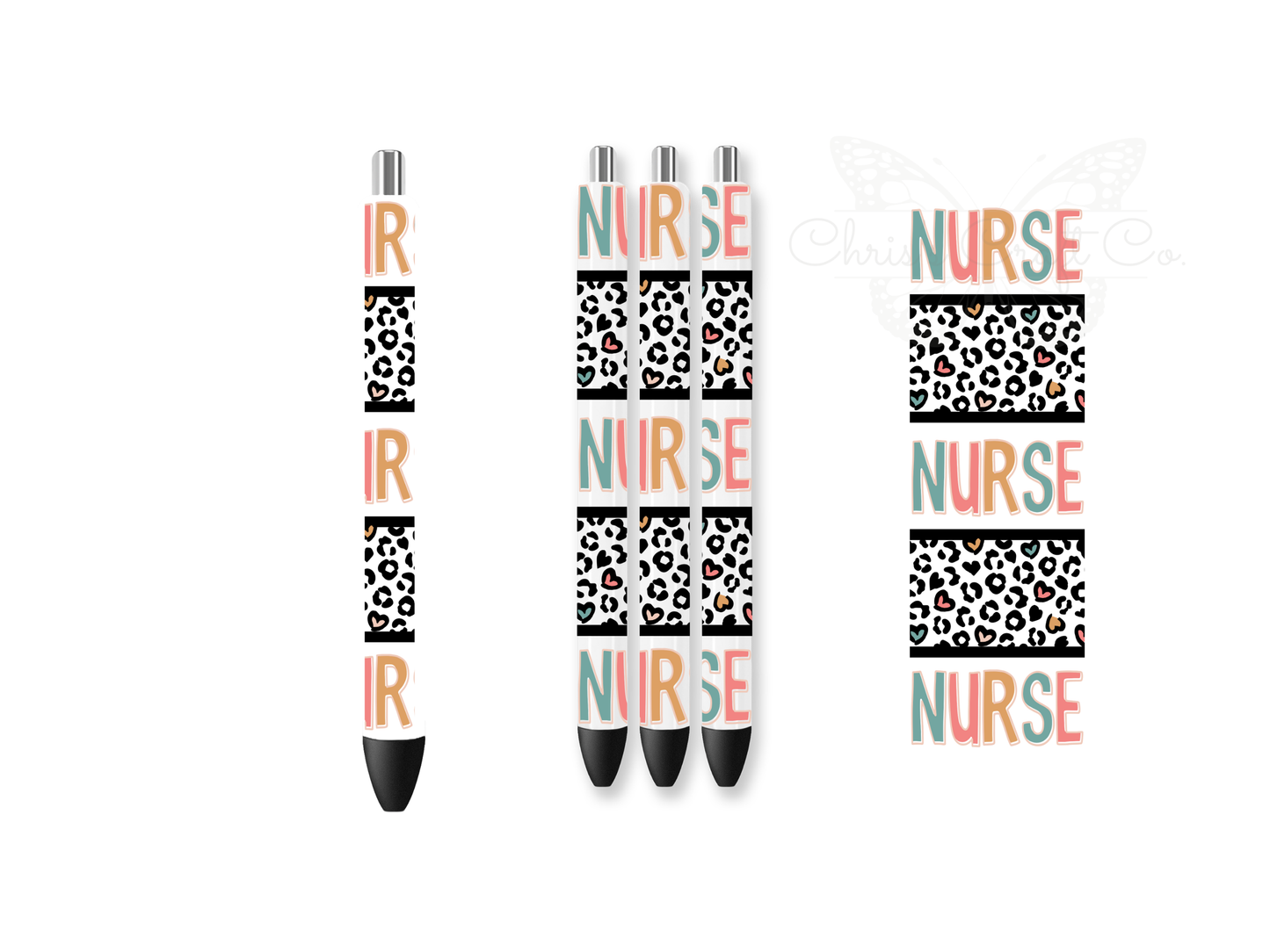 UVDTF pen wraps featuring the word NURSE in leopard print with teal and pink polka dot patterns on a clear background.

