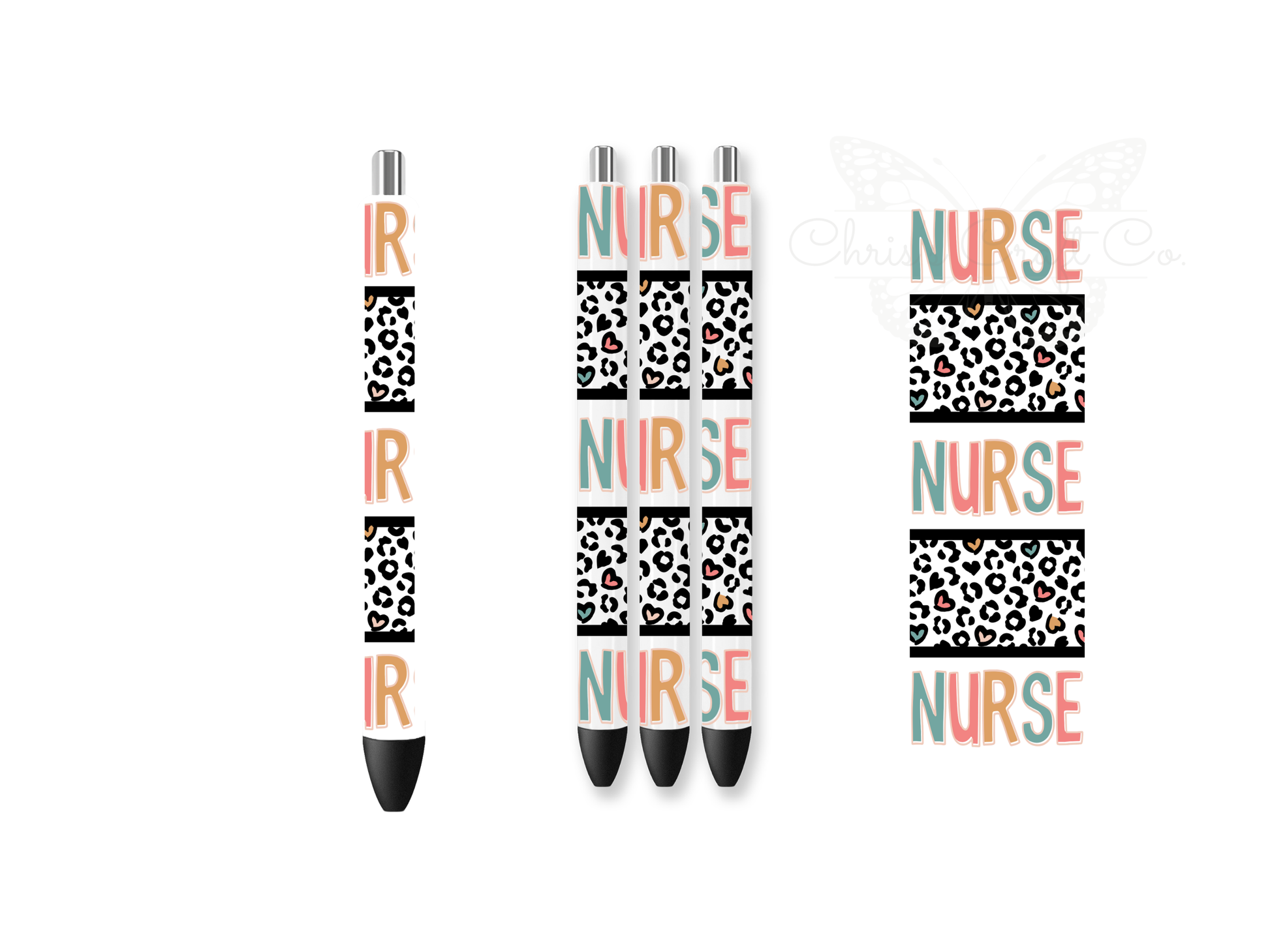 UVDTF pen wraps featuring the word NURSE in leopard print with teal and pink polka dot patterns on a clear background.

