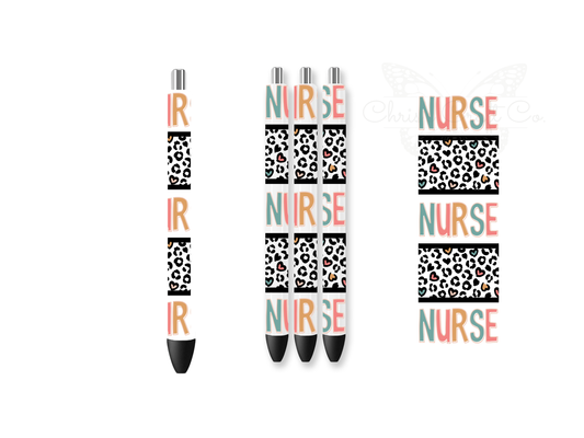 UVDTF pen wraps featuring the word NURSE in leopard print with teal and pink polka dot patterns on a clear background.

