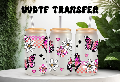 UVDTF Wrap Butterfly Daisy Checker for 16oz Can Glass Mug Tumbler, Butterfly Wrap, Ready to apply, Permanent Waterproof Adhesive
