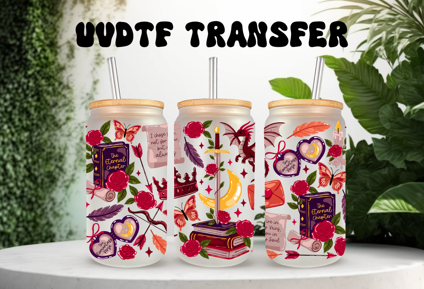 Romantic Fantasy UV DTF Cup Wrap, 16oz Can Glass & Tumbler Decal  Red Dragon, Roses, Books, Butterflies  Waterproof Permanent Sticker