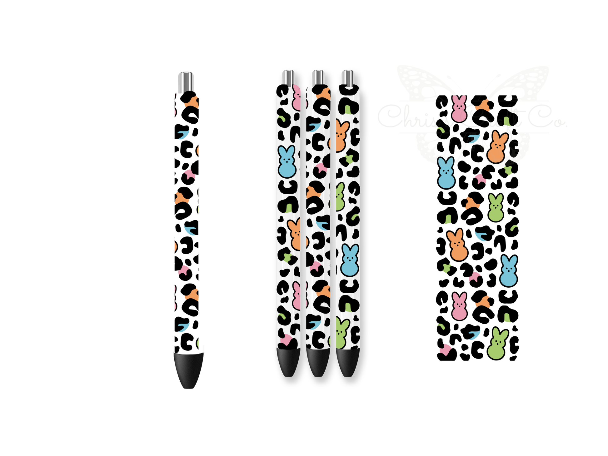 Mockup of three pens with Easter Bunny UVDTF wraps featuring leopard print ears and flowers, sized 1.5x4.7 inches.