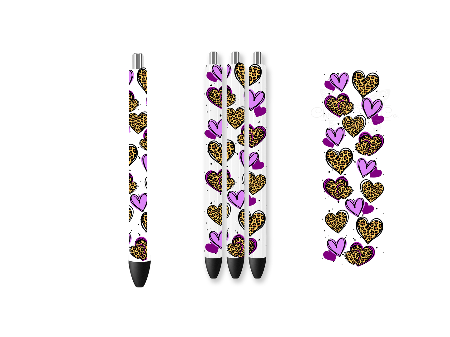 A UV DTF pen wrap transfer featuring a vertical row of hearts with alternating designs of solid purple and leopard print patterns, shown with a 3D glossy finish on white pens.