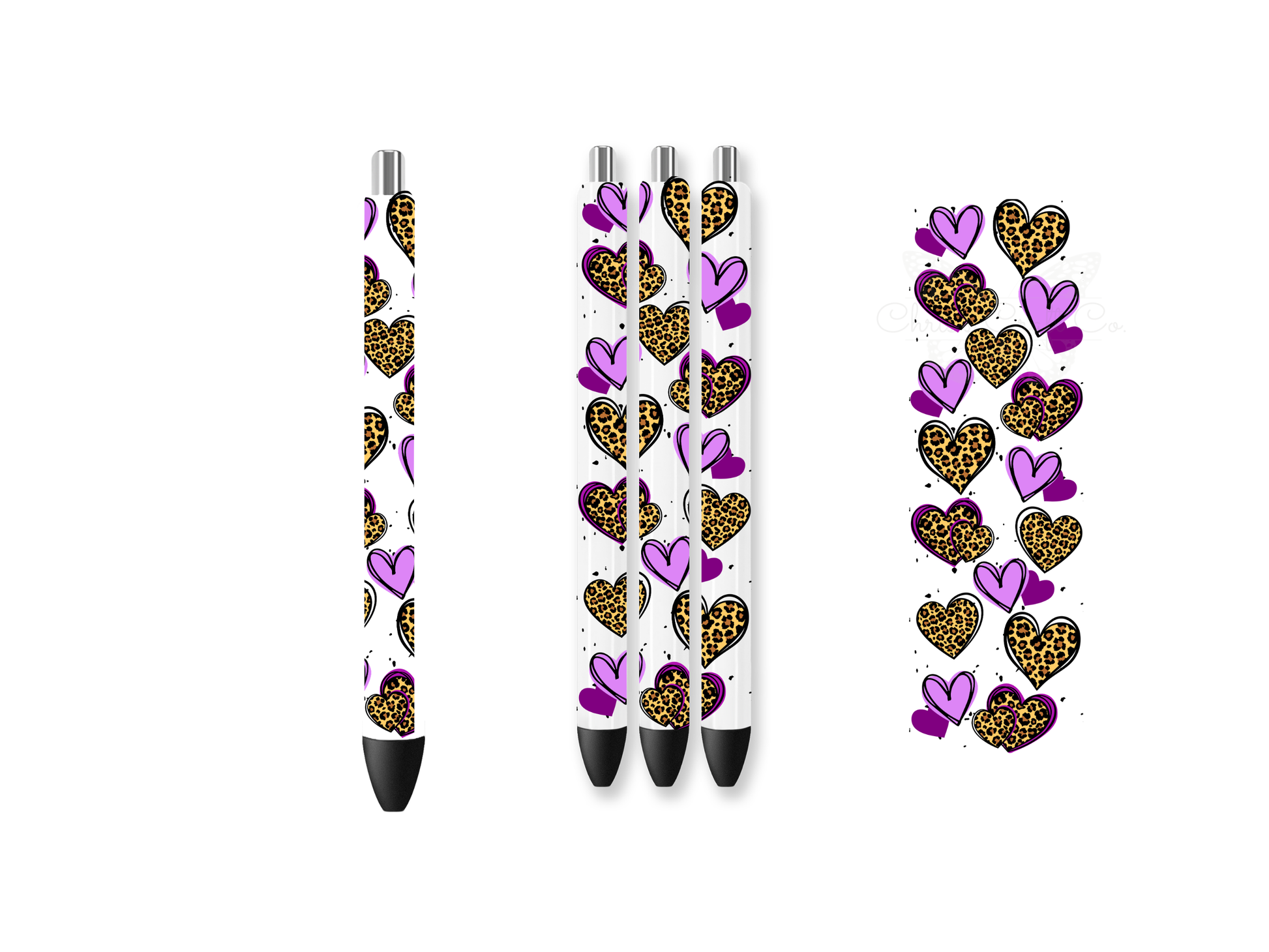 A UV DTF pen wrap transfer featuring a vertical row of hearts with alternating designs of solid purple and leopard print patterns, shown with a 3D glossy finish on white pens.