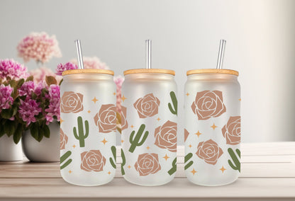 UVDTF Wrap Boho Desert Rose Cactus 16oz Can Glass, Mug, Tumbler, Cactus Wrap, Ready to apply, Permanent Adhesive Waterproof, Add on a Cup