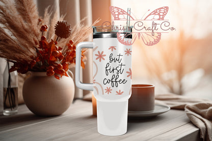 UVDTF Wrap But First Coffee Daisy 16oz Can Glass Mug Tumbler, Coffee Wrap, Ready to apply, Permanent Waterproof Adhesive