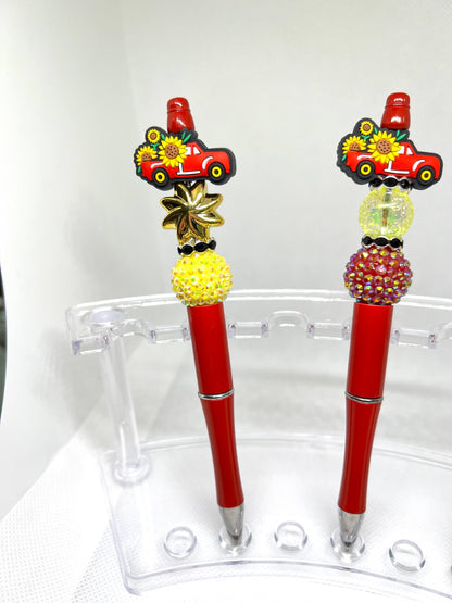 Red Truck Sunflower Beaded Pen, Fun Pens Acrylic  Beads, Beaded Pen, Retractable Ink Pen, Gifts