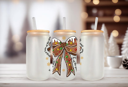 UVDTF Decal Christmas Coquette Bow 16oz Can Glass Mug Tumbler, Wonderful Time Decal, Ready to apply, Permanent Waterproof Adhesive