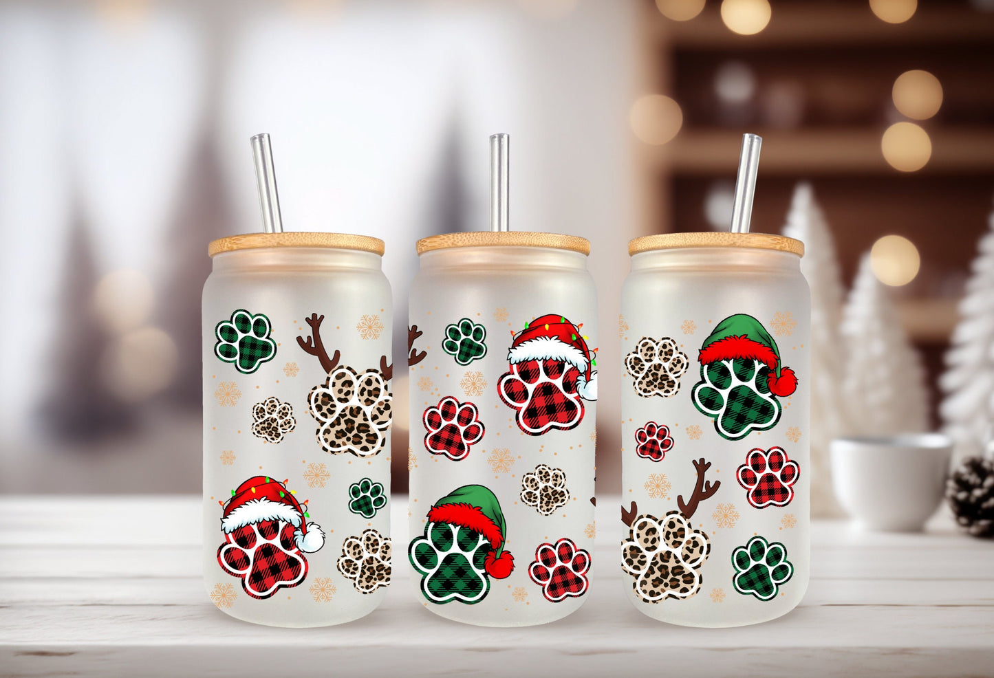 Christmas Paw Stickers – Decorative Can Wrap With Checkered Paw Design