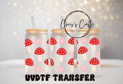 UVDTF Wrap Red Mushrooms Floral 16oz Can Glass Mug Tumbler, Mushroom Floral Wrap, Ready to apply, Permanent Waterproof Adhesive
