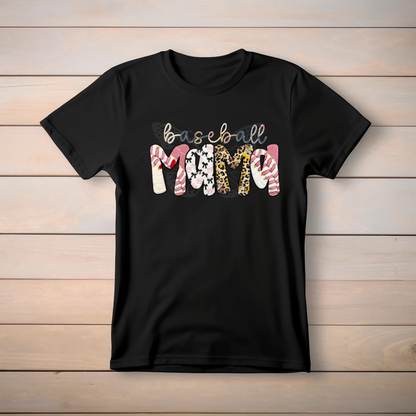 Ready to press DTF apparel transfer featuring 'baseball MAMA' in a faux applique style with leopard print, pink plaid, bows, and baseball stitches.

