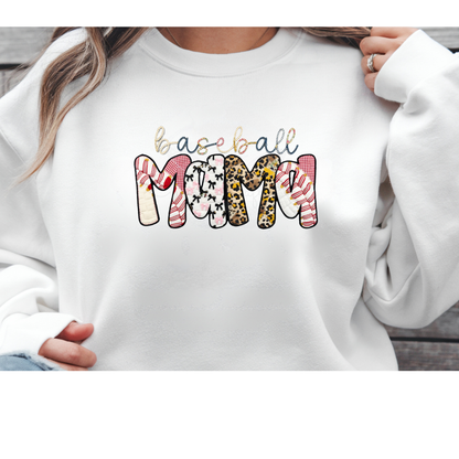 Ready to press DTF apparel transfer featuring 'baseball MAMA' in a faux applique style with leopard print, pink plaid, bows, and baseball stitches.

