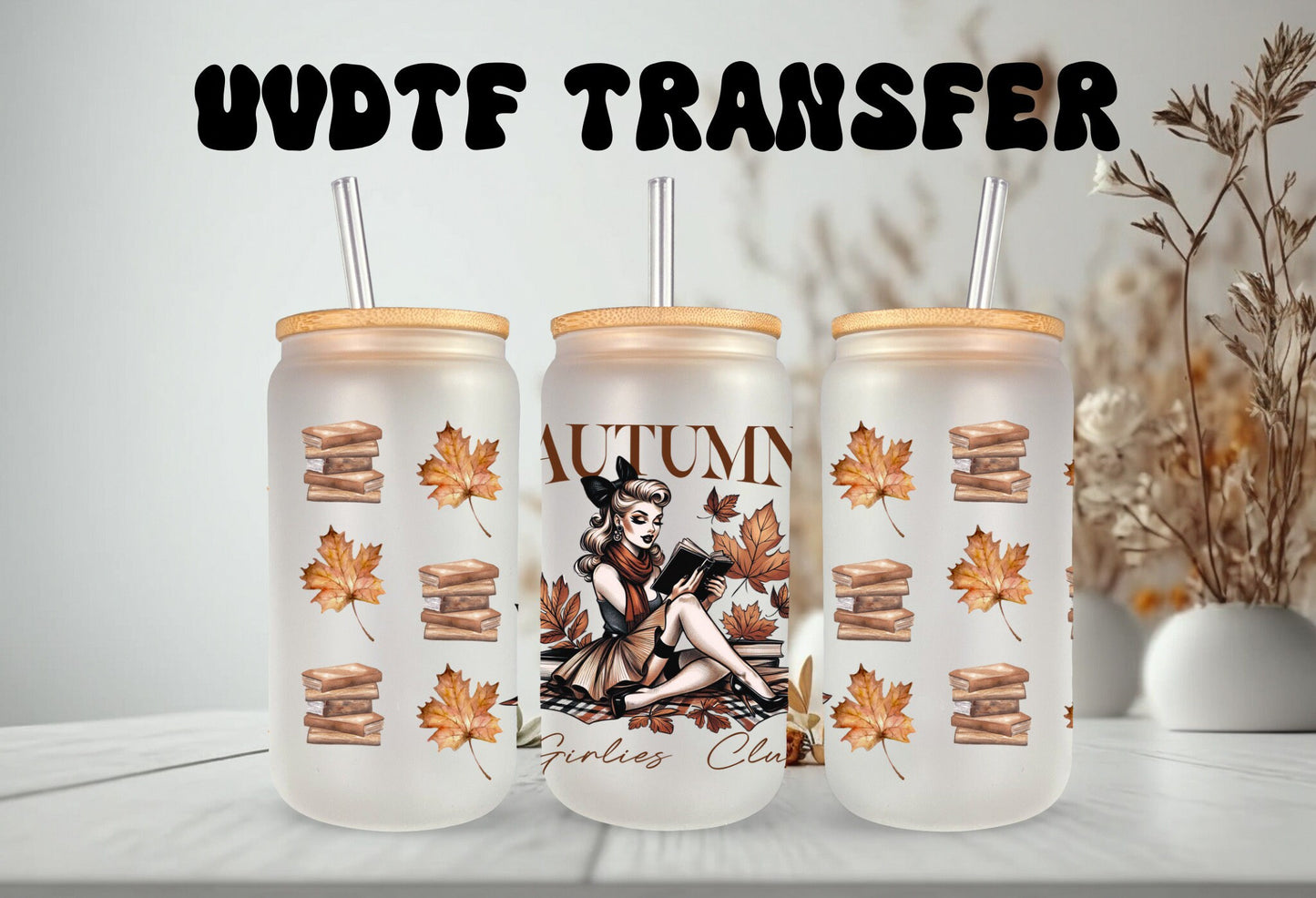 UVDTF Wrap Autumn Girlies Club Vintage Girl for 16oz Can Glass Mug Tumbler, Ready to Apply, Permanent Waterproof Adhesive