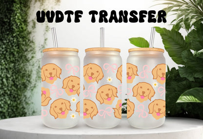 UVDTF Wrap Golden Retriever Coquette Bows for 16oz Can Glass Mug Tumbler, Mug, Ready to Apply, Permanent Waterproof Adhesive