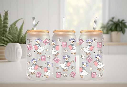 UVDTF Wrap Goose Books 16oz Can Glass Mug Tumbler Wrap, Geese Wrap, Ready to apply, Permanent Adhesive, Double sided option