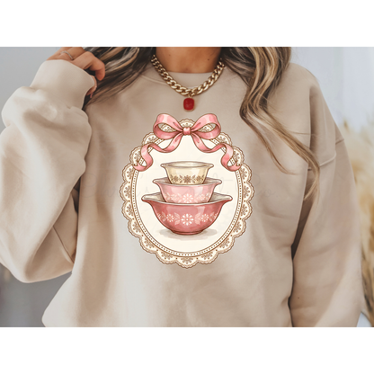 Retro Coquette Vintage Mixing Bowls DTF Transfer, Pink Bow Lace Ready to Press Decal