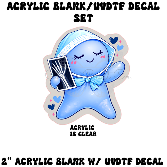 Clear acrylic charm with a blue medical glove character holding an X-ray film with blue heart accents.