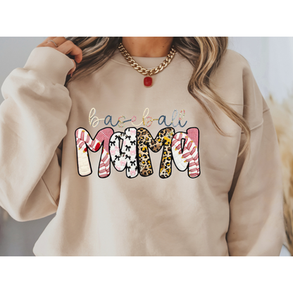 Ready to press DTF apparel transfer featuring 'baseball MAMA' in a faux applique style with leopard print, pink plaid, bows, and baseball stitches.

