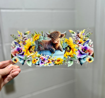 UVDTF Wrap Flower Highland Cow Tin Tub 16oz Can Glass Mug Tumbler, Ready to Apply, Permanent Waterproof Adhesive