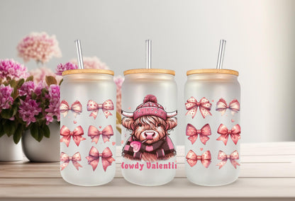 UVDTF Wrap Highland Cow Valentine Howdy 16oz Can Glass Mug Tumbler, Ready to Apply, Permanent Waterproof Adhesive