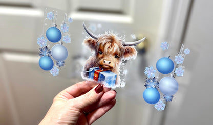 UVDTF Wrap Highland Cow Blue Ornaments for 16oz Can Glass, Mug, Tumbler, Ready to Apply, Permanent Waterproof Adhesive