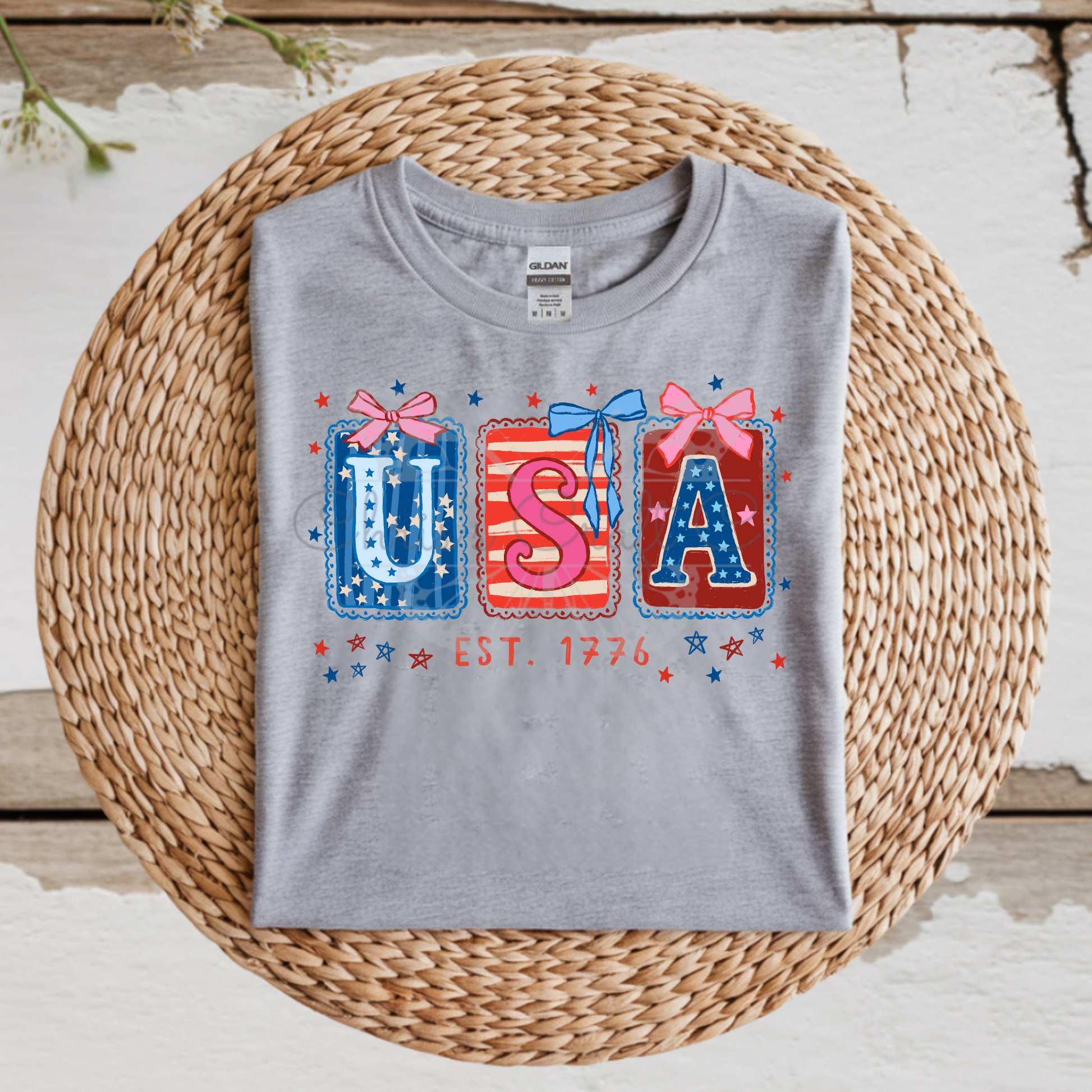 USA Est. 1776 t-shirt transfer with red and blue coquette bows, stars, and floral frames.

Listing Editor Check