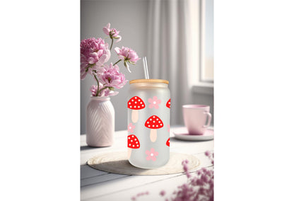 UVDTF Wrap Red Mushrooms Floral 16oz Can Glass Mug Tumbler, Mushroom Floral Wrap, Ready to apply, Permanent Waterproof Adhesive