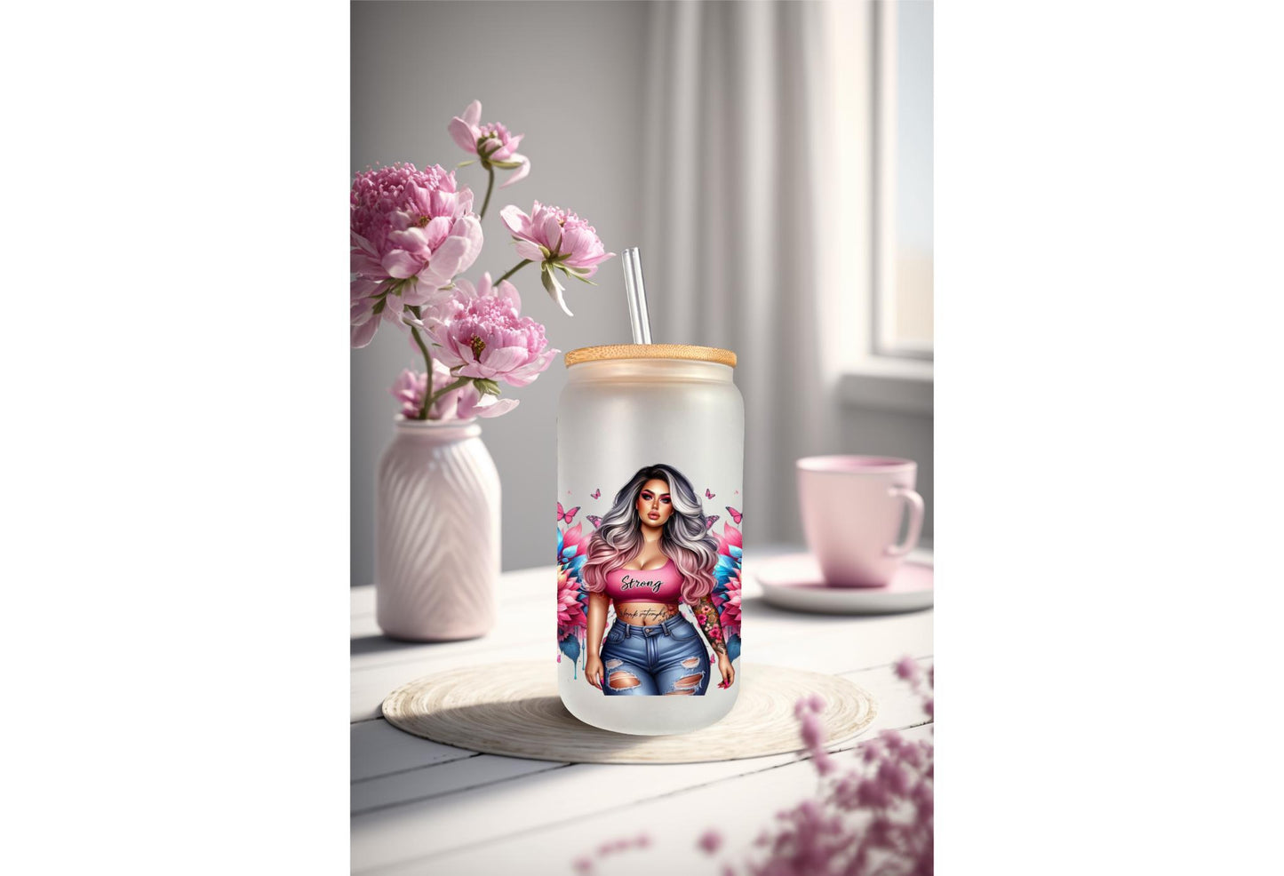 UVDTF Wrap Floral Butterfly Positive Quotes 16oz Can Glass Wrap Mug Tumbler, Strong Girl Wrap, Ready to Apply, Permanent Waterproof Adhesive