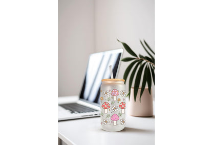 UVDTF Wrap Mushroom Daisy Bow 16oz Can Glass Mug Tumbler, Spring Mushroom Wrap, Ready to apply, Permanent Waterproof Adhesive