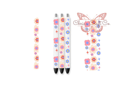 UVDTF Pen Wrap Retro Flowers, Ready to Apply, Permanent Waterproof Adhesive, Bundle and Save
