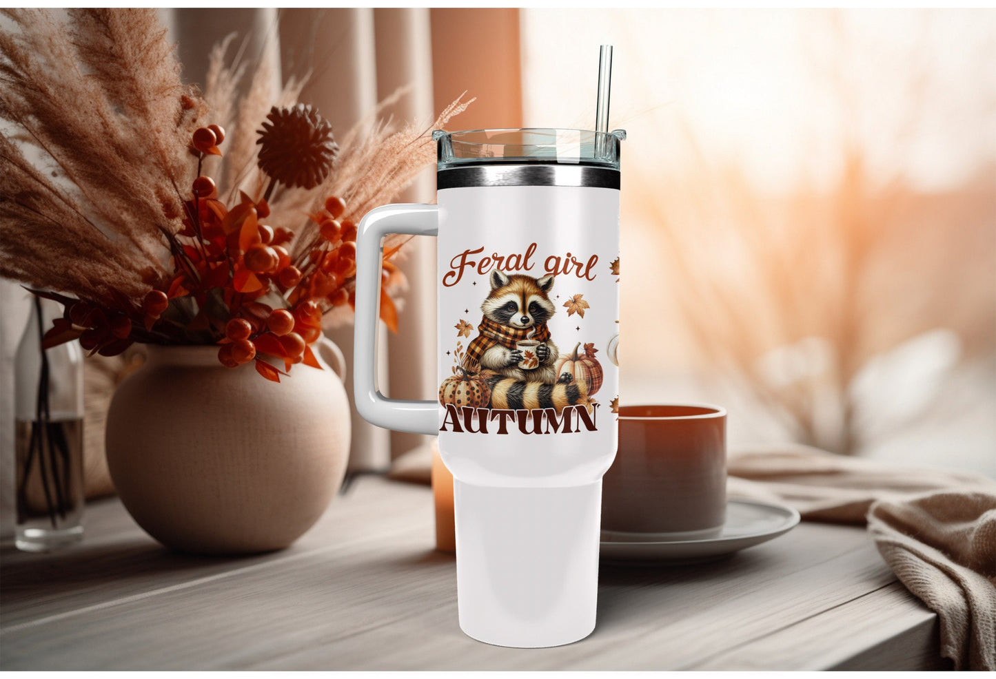 UVDTF Wrap Feral Girl Autumn Racoon Pumpkin for 16oz Can Glass Mug Tumbler, Ready to apply, Permanent Adhesive, Double Sided option
