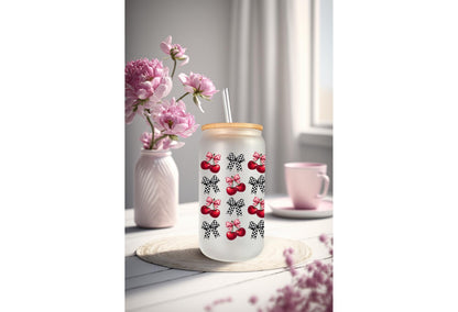 UVDTF Wrap Cherry Checkered Bows 16oz Can Glass Mug Tumbler Wrap, Geese Wrap, Ready to apply, Permanent Adhesive, Double sided option