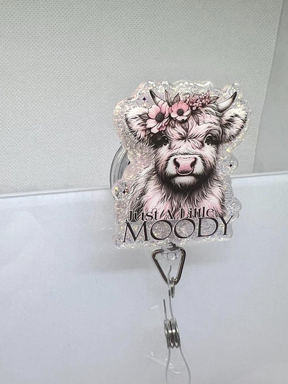 Funny Highland Cow Badge Reel – 'Just a Little Moody' Floral Glitter Design for Work Accessories