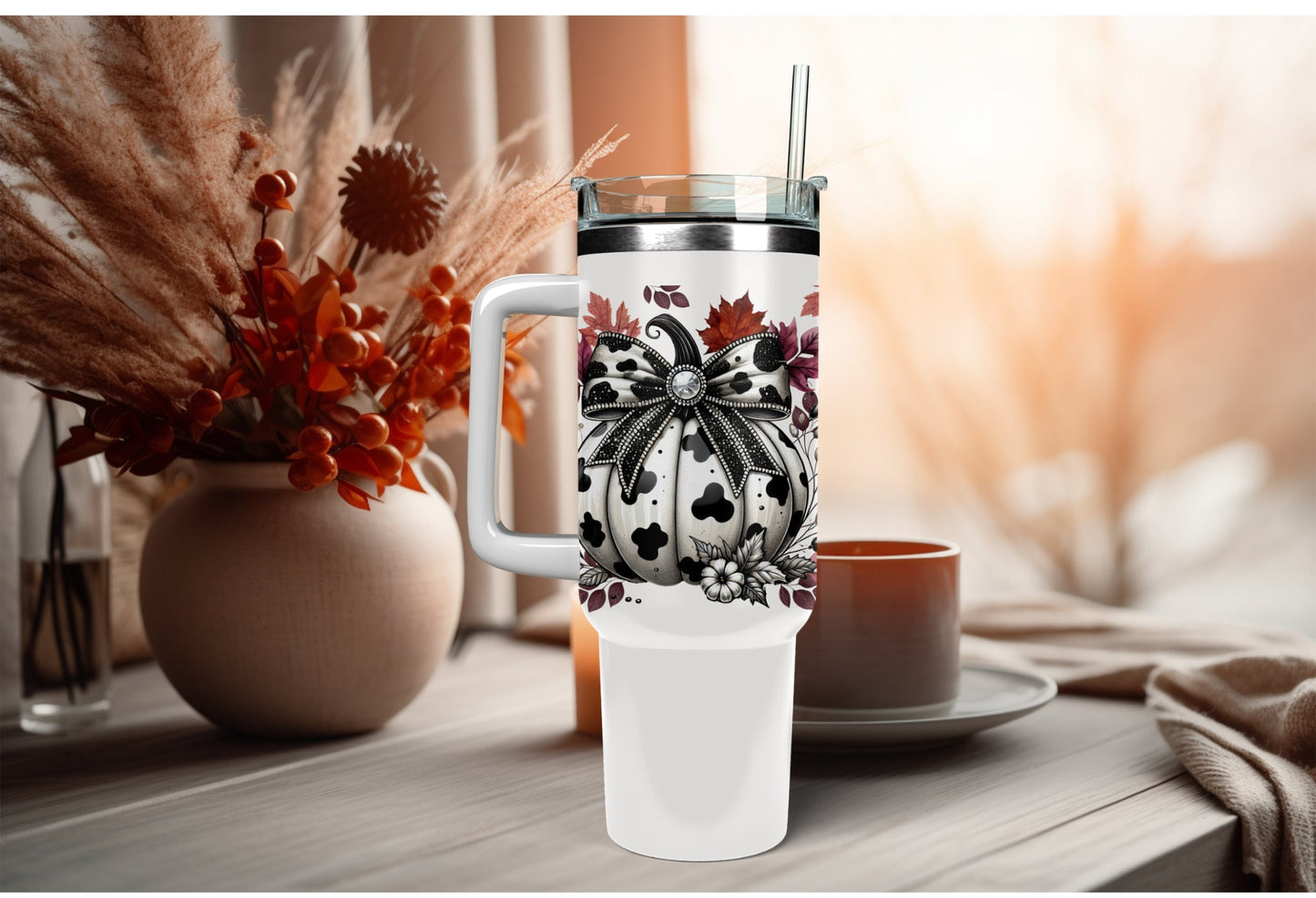 UVDTF Wrap Pumpkin Floral Cow Print 16oz Can Glass, Mug, Tumbler, Ready to Apply, Permanent Waterproof Adhesive, Double Sided Print