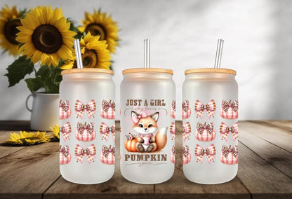 UVDTF Wrap Just a Girl Who Loves Pumpkin Spice for 16oz Can Glass Mug Tumbler, Fox Wrap, Ready to apply, Permanent Waterproof adhesive