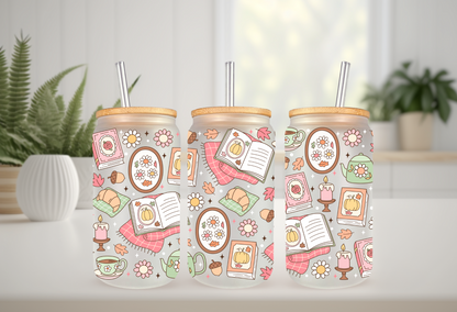 UVDTF Wrap Autumn Bookish 16oz Can Glass Mug Tumbler Wrap, Ready to apply, Permanent Waterproof Adhesive, Double sided option