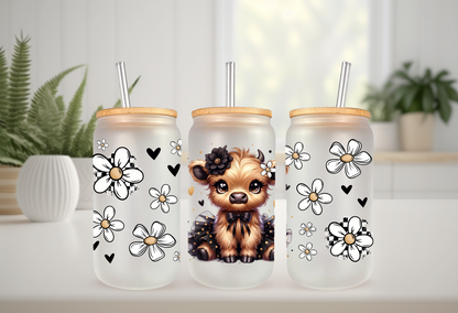 UVDTF Wrap Highland Cow Black Tutu Daisy 16oz Can Glass Mug Tumbler Wrap, Ready to apply, Permanent Adhesive