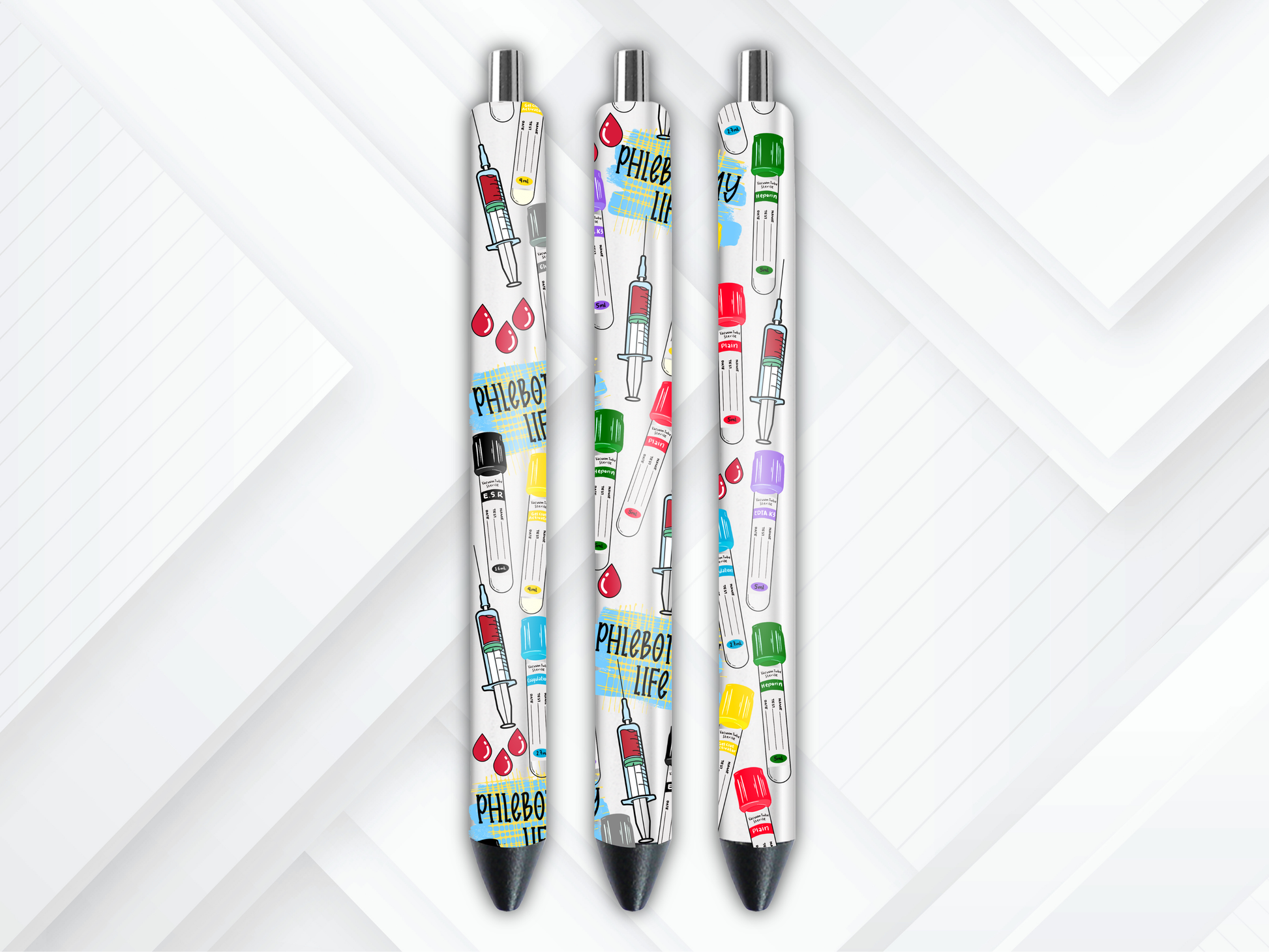 UVDTF pen wraps featuring colorful medical syringes, blood collection tubes, red blood drops, and the text PHLEBOTOMY LIFE on a clear background